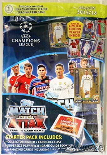 0082045243352 - 2015/2016 TOPPS MATCH ATTAX CHAMPIONS LEAGUE SOCCER FACTORY SEALED STARTER KIT WITH HARD BACK COLLECTORS BINDER ALBUM, PLAY PITCH, GAME GUIDE, CARD PACK & EXCLUSIVE GOLD LIMITED CRISTIANO RONALDO!