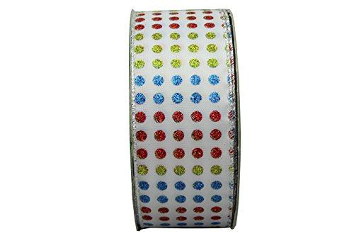 0821079081482 - PREMIUM DECORATIVE HOLIDAY CHRISTMAS RIBBON, 2.5 IN. X 50 YD., CHAMPAGNE WITH GREEN, GOLD, RED AND BLUE DOTS