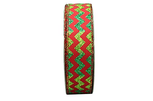 0821079081659 - PREMIUM DESIGNER HOLIDAY CHRISTMAS RIBBON, 1.5 IN. X 50 YD., RED AND EMERALD LIME GREEN CHEVRON