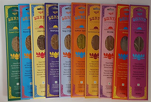 0821528865021 - SURYA STICK INCENSE COMPLETE COLLECTION OF 10 PACKETS WITH FOREST CHAMPA, ROYAL CHAMPA, NAG CHAMPA, MAHARAJA, JASMINE, SANDALWOOD SUPREME, SAFFRON SANDAL, ROSE, EUPHORIA, AND AMBER