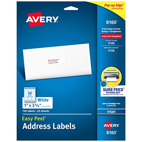 0823019499647 - AVERY EASY PEEL PRINTABLE ADDRESS LABELS WITH SURE FEED, 1 X 2-5/8, WHITE, 750 BLANK MAILING LABELS