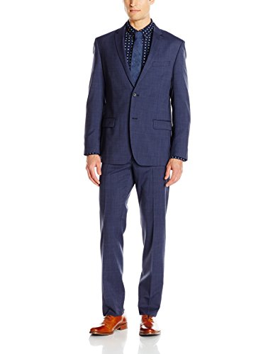 0824972484213 - DKNY MEN'S DUKE SKINNY FIT 2 BUTTON SIDE VENT NOTCH LAPEL FLAT FRONT TROUSER IN A 100 PERCENT SUPER 120'S WOOL SOLID TEXTURED WEAVE SUIT, NAVY, 40 REGULAR