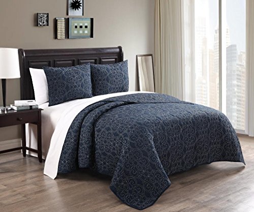 0825624862847 - WHOLESALEBEDDINGS 100% COTTON KING SIZE ALIA MIDNIGHT WITH SLATE EMBROIDERED 3PC QUILT SET