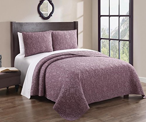 0825624862885 - WHOLESALEBEDDINGS 100% COTTON KING SIZE GISELLE WINE WITH FIG EMBROIDERED 3PC QUILT SET