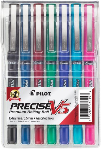 8271072792816 - PILOT PRECISE V5 STICK ROLLING BALL PENS, EXTRA FINE POINT, ASSORTED COLORS, 7-PACK