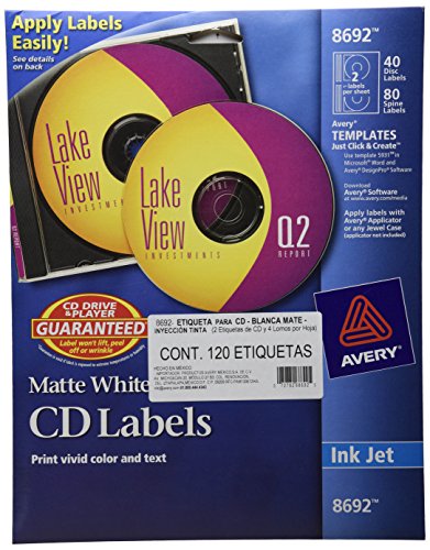 8271072834059 - AVERY CD LABELS, MATTE WHITE, 40 DISC LABELS AND 80 SPINE LABELS