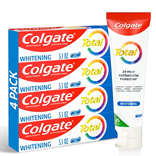 0827854007708 - COLGATE TOTAL WHITENING TOOTHPASTE GEL, 10 BENEFITS, NO TRADE-OFFS, FRESHENS BREATH, WHITENS TEETH AND PROVIDES SENSITIVITY RELIEF, MINT FLAVOR, 4 PACK, 5.1 OZ TUBES