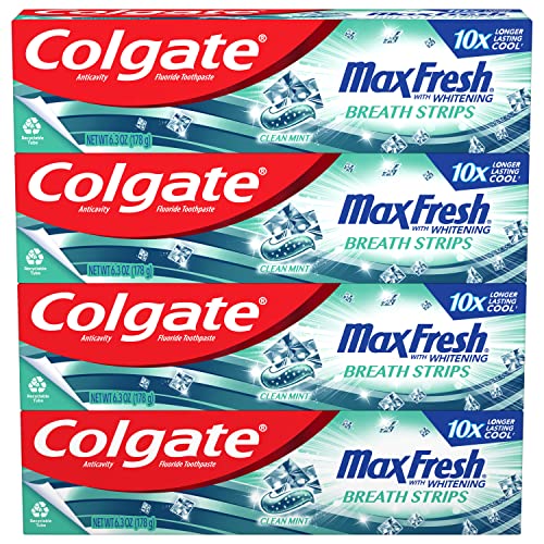 0827854007715 - COLGATE MAX FRESH WHITENING TOOTHPASTE WITH MINI STRIPS, CLEAN MINT TOOTHPASTE FOR BAD BREATH, HELPS FIGHT CAVITIES, WHITENS TEETH, AND FRESHENS BREATH, 4 PACK, 6.3 OZ TUBES