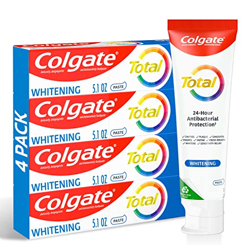 0827854007814 - COLGATE TOTAL WHITENING TOOTHPASTE, 10 BENEFITS, NO TRADE-OFFS, FRESHENS BREATH, WHITENS TEETH AND PROVIDES SENSITIVITY RELIEF, MINT FLAVOR, 4 PACK, 5.1 OZ TUBES