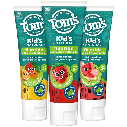 0827854019343 - TOM’S OF MAINE ANTICAVITY KIDS TOOTHPASTE VARIETY PACK, KIDS TOOTHPASTE WITH FLUORIDE, INCLUDES SILLY STRAWBERRY, OUTRAGEOUS ORANGE MANGO, WATERMELON WIGGLE FLAVORS, SAFE FOR AGES 2 AND UP, 5.1 OZ