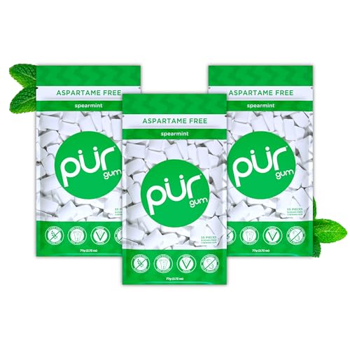 0830028001563 - PUR 100% XYLITOL CHEWING GUM, SUGARLESS SPEARMINT, ASPARTAME FREE & SUGAR FREE, VEGAN - FRESHENS BREATH, TEETH WHITENING & RELIEVES DRY MOUTH - PURE NATURAL FLAVORED CANDY, 55 COUNT (PACK OF 3)