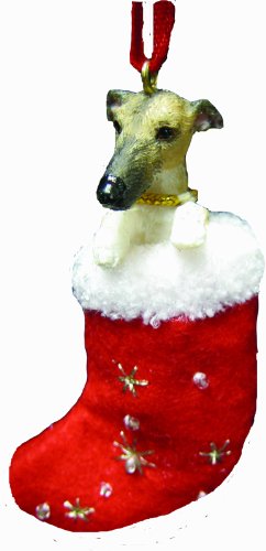 0831310130015 - GREYHOUND CHRISTMAS STOCKING ORNAMENT WITH SANTA'S LITTLE PALS HAND PAINTED AND STITCHED DETAIL