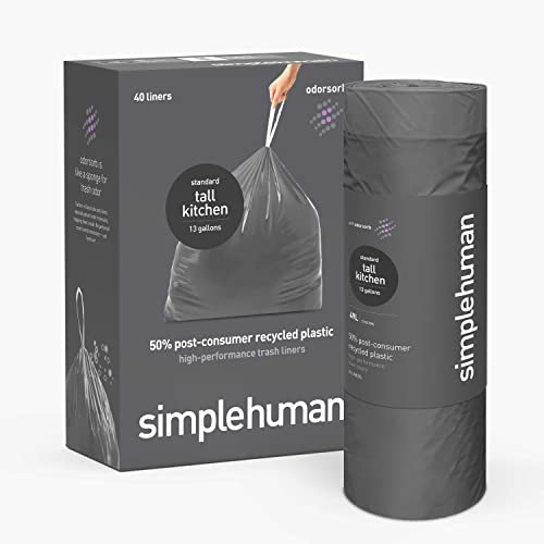 0838810026251 - SIMPLEHUMAN EXTRA STRONG ODOR-ABSORBING TALL KITCHEN 13 GALLON DRAWSTRING TRASH BAGS, 50% PCR CONTENT, 40 COUNT