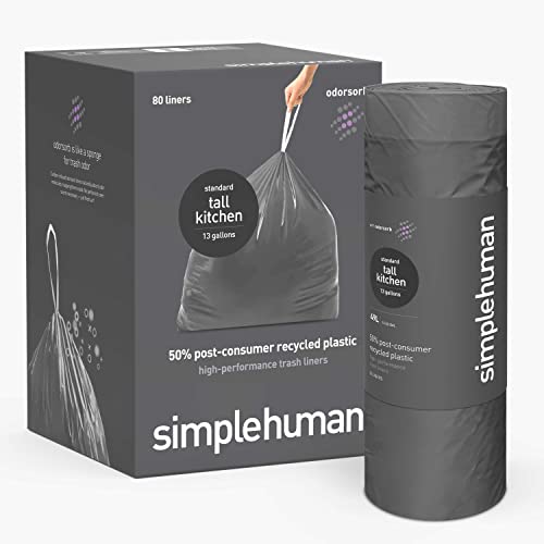 0838810026268 - SIMPLEHUMAN EXTRA STRONG ODOR-ABSORBING TALL KITCHEN 13 GALLON DRAWSTRING TRASH BAGS, 50% PCR CONTENT, 80 COUNT