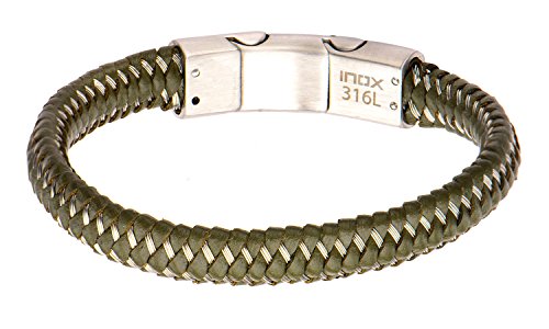 0839546707551 - INOX JEWELRY MEN'S OLIVE GREEN WOVEN LEATHER WITH STEEL CLASP BRACELET