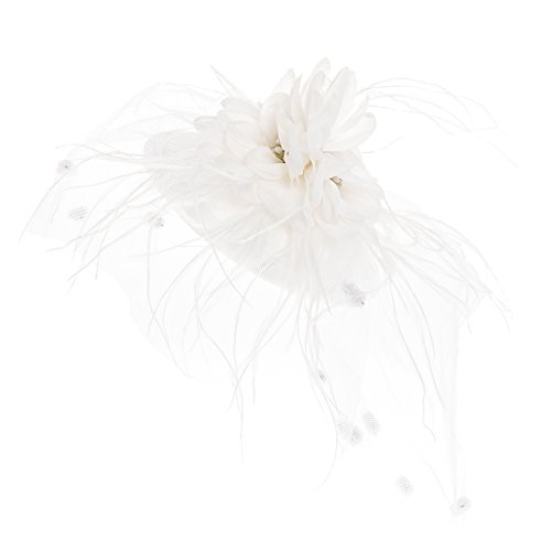0840002173520 - ZAD WOMEN'S FEATHER & MESH FASCINATOR HAIR CLIP COCKTAIL PARTY HAT (BRIGHT WHITE)