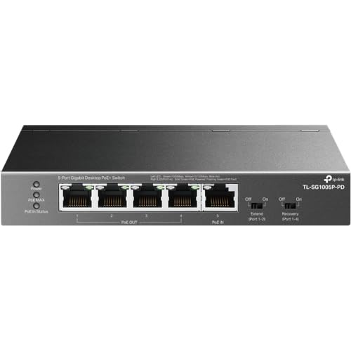 0840030705700 - TP-LINK TL-SG1005P-PD | 5 PORT POE PASSTHROUGH GIGABIT ETHERNET SWITCH | 1 POE++ IN@90W, 4 POE+ OUTPUT UP TO 66W | PLUG & PLAY | EXTEND MODE | QOS, IGMP, POE AUTO RECOVERY | POE POWERED ONLY | FANLESS