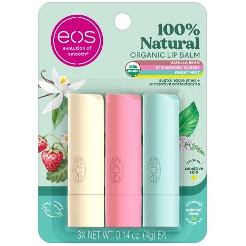 0840044709732 - EOS 100% NATURAL & ORGANIC LIP BALM TRIO- VANILLA BEAN, SWEET MINT, & STRAWBERRY SORBET, MADE FOR SENSITIVE SKIN, LIP CARE PRODUCTS, 0.14 OZ, 3-PACK