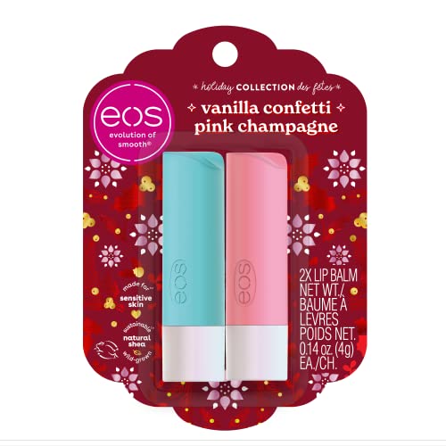 0840044711384 - EOS HOLIDAY COLLECTION LIP BALM STICKS, VANILLA CONFETTI & PINK CHAMPAGNE, ALL-DAY MOISTURE, MADE FOR SENSITIVE SKIN, 0.14 OZ, 2-PACK