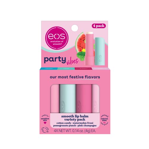 0840044712107 - EOS PARTY VIBES LIP BALM VARIETY PACK- COTTON CANDY, WATERMELON FROSÉ, POMEGRANATE PUNCH & PINK CHAMPAGNE, ALL-DAY MOISTURE LIP CARE, 0.14 OZ, 4-PACK