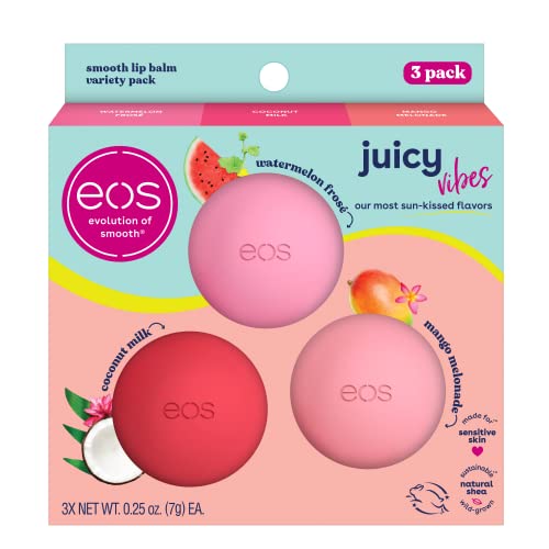 0840044712145 - EOS JUICY VIBES LIP BALM VARIETY PACK- WATERMELON FROSÉ, MANGO MELONADE & COCONUT MILK, ALL-DAY MOISTURE LIP CARE PRODUCTS, 0.25 OZ, 3-PACK