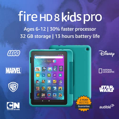 0840080555256 - AMAZON FIRE HD 8 KIDS PRO TABLET- 2022, AGES 6-12 | 8 HD SCREEN, SLIM CASE FOR OLDER KIDS, AD-FREE CONTENT, PARENTAL CONTROLS, 13-HR BATTERY, 32 GB, HELLO TEAL