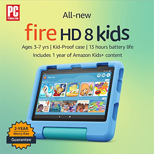 0840080588216 - ALL-NEW FIRE HD 8 KIDS TABLET, 8 HD DISPLAY, AGES 3-7, INCLUDES 2-YEAR WORRY-FREE GUARANTEE, KID-PROOF CASE, 32 GB, (2022 RELEASE), BLUE