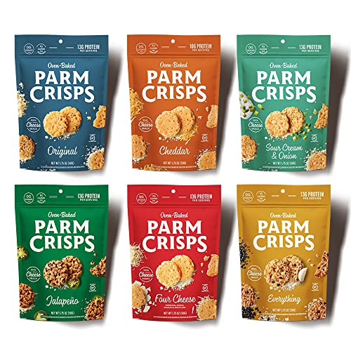 0840093501608 - PARMCRISPS – ORIGINAL PARMESAN, SOUR CREAM & ONION, CHEDDAR, FOUR CHEESE, JALAPENO, AND EVERYTHING, MADE SIMPLY WITH 100% REAL CHEESE | HEALTHY KETO SNACKS, LOW CARB, HIGH PROTEIN, GLUTEN FREE, OVEN BAKED, KETO-FRIENDLY | VARIETY 1.75 OZ (PACK OF 6)