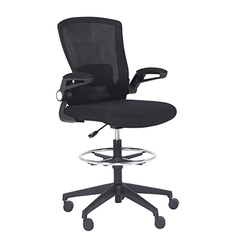 0840095888080 - AMAZON BASICS MID-BACK MESH OFFICE DRAFTING CHAIR STOOL WITH ADJUSTABLE FOOTREST, FLIP-UP ARMS
