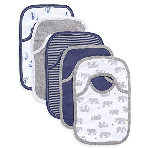 0840109500649 - BURT’S BEES BABY - BIBS, 5-PACK LAP-SHOULDER DROOL CLOTHS, 100% ORGANIC COTTON WITH ABSORBENT TERRY TOWEL BACKING (WANDERING ELEPHANTS)