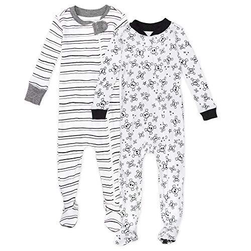 0840109607706 - HONESTBABY BABY 2-PACK ORGANIC COTTON SNUG-FIT FOOTED PAJAMAS, TOSSED SKULLS/SKETCHY STRIPE, 12 MONTHS