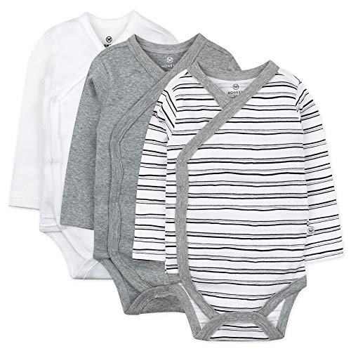 0840109629340 - THE HONEST COMPANY BABY 3-PACK ORGANIC COTTON LONG SLEEVE SIDE-SNAP KIMONO BODYSUITS, SKETCHY STRIPE, 3-6 MONTHS