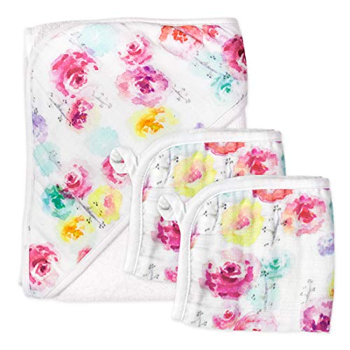 0840109634641 - HONEST BABY CLOTHING 3-PIECE ORGANIC COTTON HOODED TOWEL & WASHCLOTH SET, ROSE BLOSSOM, ONE SIZE