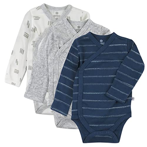 0840109647887 - HONESTBABY BABY 3-PACK ORGANIC COTTON LONG SLEEVE SIDE-SNAP KIMONO BODYSUITS, DOTTED STRIPE NAVY BLUE, 0-3 MONTHS