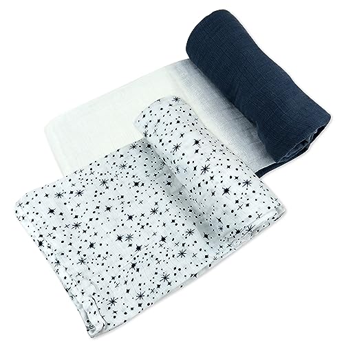 0840109675729 - HONESTBABY 2-PACK ORGANIC COTTON SWADDLE BLANKETS, TWINKLE STAR NAVY, ONE SIZE
