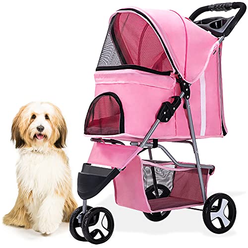 0840148718173 - CRITTER SITTERS PET STROLLER WITH STORAGE BASKET | SINGLE CARRIAGE CARRIER FOR ANIMALS UP TO 33 LBS | 3-WHEEL | TRAVEL AND TRANSPORTATION FOR CATS, SMALL DOGS | PINK
