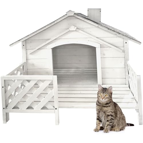 0840148722606 - CRITTER SITTERS 27 PET HOUSE WITH PORCH, WEATHER-RESISTANT HOME FOR ANIMALS UP TO 44 LBS, WATERPROOF, IDEAL FOR CATS, DOGS & RABBITS, WHITE FIRWOOD, DOG HOUSE