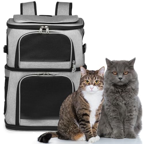 0840148722965 - CRITTER SITTERS DOUBLE DECKER GREY PET BACKPACK FOR SMALL DOGS, CATS WITH SCRATCH RESISTANT BREATHABLE MESH WINDOWS, AIRLINE CARRY-ON APPROVED, SAFETY LEASH, STORAGE POCKETS, ANIMAL TRANSPORTATION