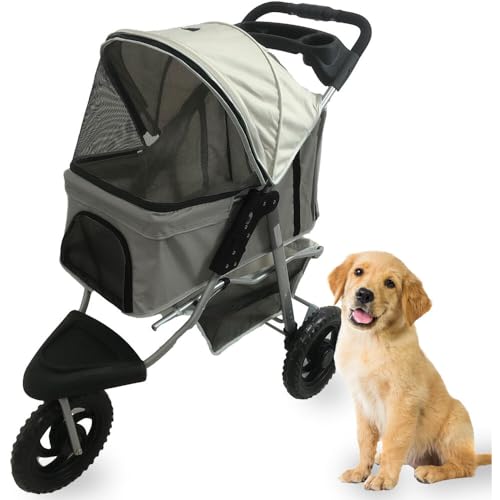 0840148723054 - CRITTER SITTERS LIGHT GREY 4-WHEEL PET STROLLER FOR MEDIUM/LARGE SIZED DOGS, CATS WITH SCRATCH RESISTANT BREATHABLE MESH WINDOWS AND SAFETY LEASH, STORAGE BASKET, CUP HOLDERS, LOCKABLE WHEELS