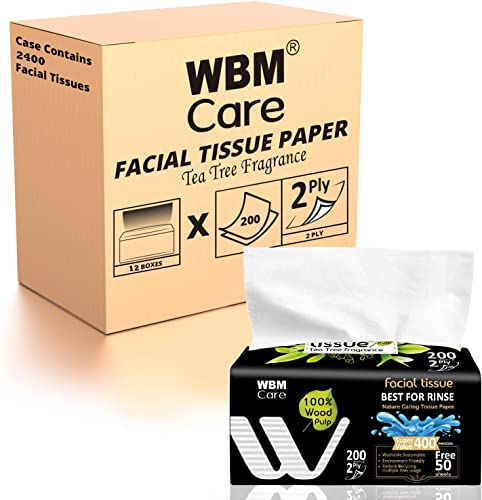 0840162322110 - WBM CARE 2-PLY FACIAL TISSUES WITH TEA TREE FRAGRANCE - 200 SHEETS, PACK OF 12 (2400 TOTAL) ULTRA SOFT, 100% NATURAL BEST FOR RINSE