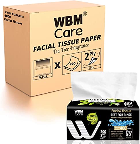 0840162322127 - WBM CARE 2-PLY FACIAL TISSUES WITH TEA TREE FRAGRANCE - 200 SHEETS, PACK OF 24 (4,800 TOTAL) ULTRA SOFT, 100% NATURAL BEST FOR RINSE