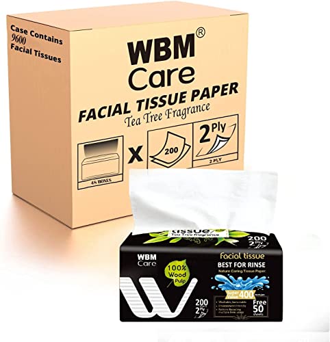 0840162322134 - WBM CARE 2-PLY FACIAL TISSUES WITH TEA TREE FRAGRANCE - 200 SHEETS, PACK OF 48 (9600 TOTAL) ULTRA SOFT, 100% NATURAL BEST FOR RINSE