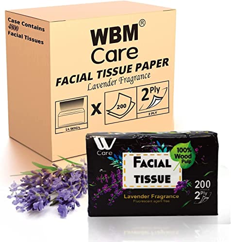 0840162322158 - WBM CARE SUPER SOFT 2-PLY FACIAL TISSUES WITH LAVENDER FRAGRANCE, 4800 TOTAL (PACK OF 24) 200 SHEETS PER BOX | 100% NATURAL WOOD PULP