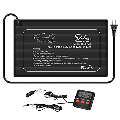 0840166220863 - SIMPLE DELUXE 8.5X18.5 24W REPTILE HEATING PAD TERRARIUM WARMER UNDER TANK HEATER MAT, DIGITAL THERMOMETER AND HYGROMETER WITH TEMPERATURE AND HUMIDITY PROBE FOR AMPHIBIAN AND SMALL PET