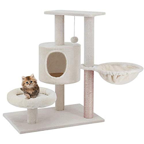 0840166221099 - SCRATCHME CAT TREE TOWER WITH HAMMOCK & SCRATCHING POST, CREAMY WHITE