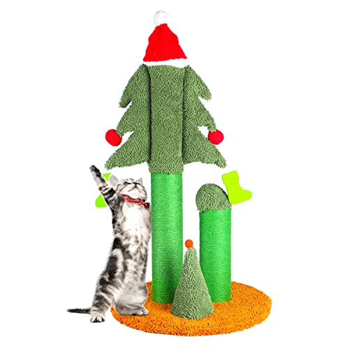 0840166259344 - 32” CAT SCRATCHING POST, TALL CHRISTMAS TREE CAT SCRATCHER WITH 3 POSTS AND CUTE DANGLING TEASER BALLS, NATURAL SISAL ROPE CAT TOYS FOR KITTY AND ADULT CATS