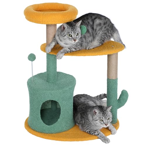 0840166291153 - CATCUS CAT TREE TOWER, 31 INCH CAT TREE WITH SCRATCHING POSTS, CAT TREE FOR INDOOR CATS, SMALL CAT TOWER, CAT PLAYHOUSE CAT CONDOS FOR ADULT CATS, GREEN & ORANGE