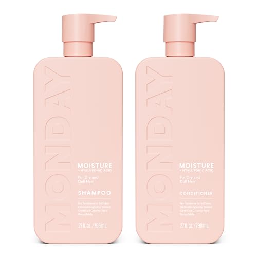 0840191602474 - MONDAY HAIRCARE MOISTURE SHAMPOO + CONDITIONER SET (2 PACK) 27OZ EACH, DRY, COARSE, STRESSED, COILY & CURLY HAIR, MADE FROM COCONUT OIL, RICE PROTEIN, SHEA BUTTER, & VITAMIN E, 100% RECYCLABLE BOTTLES