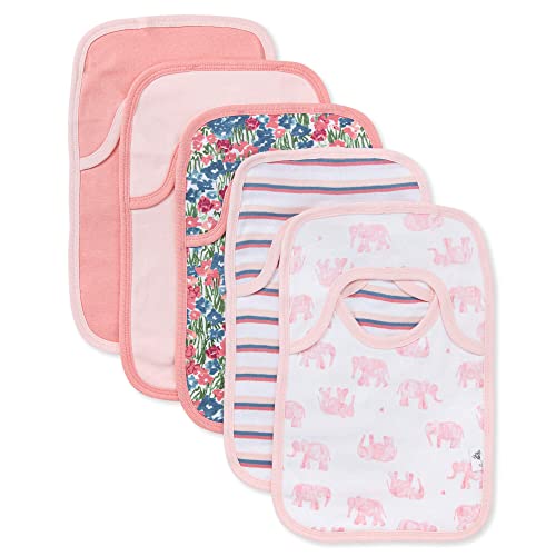 0840231686792 - BURTS BEES BABY UNISEX BABY BIBS, LAP-SHOULDER DROOL CLOTHS, 100% ORGANIC COTTON WITH ABSORBENT TERRY TOWEL BACKING BIBS, WANDERING ELEPHANTS PINK, 5-PACK US