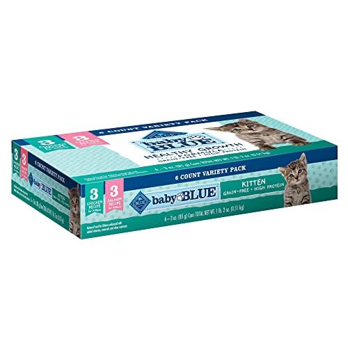 0840243135196 - BLUE BUFFALO BABY BLUE HEALTHY GROWTH FORMULA GRAIN FREE HIGH PROTEIN, NATURAL KITTEN PATE WET CAT FOOD VARIETY PACK, CHICKEN, SALMON 3-OZ (6 COUNT- 3 OF EACH FLAVOR)